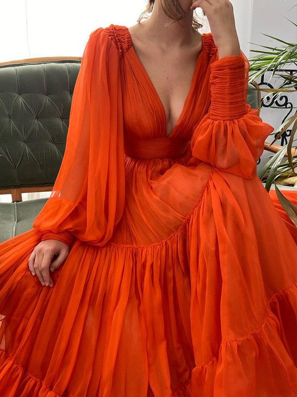 A-Line/Princess Sweep/Brush Train V-neck Long Sleeves 30D Chiffon Ruffles Dresses