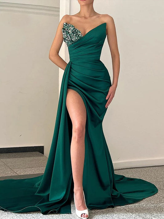 Sheath/Column Woven Satin Ruched Sweetheart Sleeveless Court Train Dresses