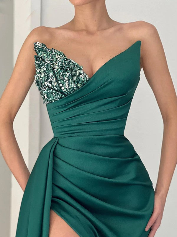 Sheath/Column Woven Satin Ruched Sweetheart Sleeveless Court Train Dresses