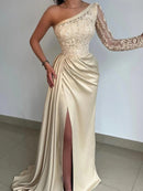 Sheath/Column Woven Satin Lace One-Shoulder Long Sleeves Sweep/Brush Train Dresses