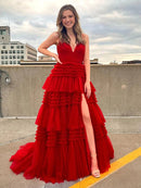 A-Line/Princess Tulle Ruffles V-neck Sleeveless Sweep/Brush Train Dresses