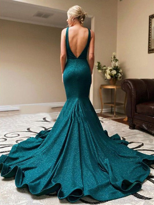 Trumpet/Mermaid Ruffles V-neck Sleeveless Court Train Dresses