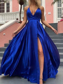 A-Line/Princess Woven Satin Ruffles V-neck Sleeveless Sweep/Brush Train Dresses