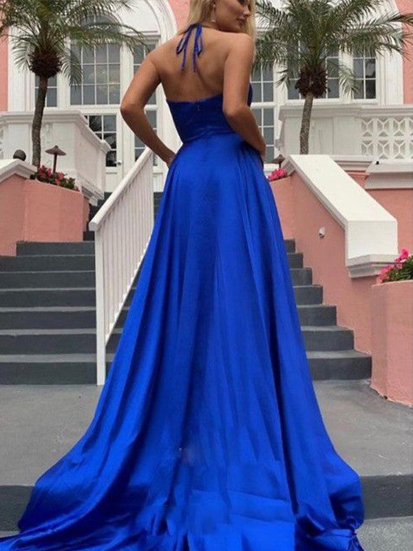 A-Line/Princess Woven Satin Ruffles V-neck Sleeveless Sweep/Brush Train Dresses