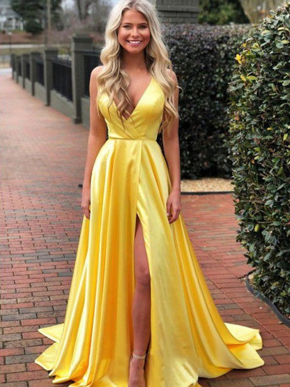 A-Line/Princess Woven Satin Ruffles V-neck Sleeveless Sweep/Brush Train Dresses