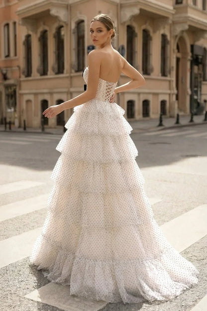 White Polka Dot Tiered Tulle Ball Gown Strapless Sweetheart Black Bows Lace Up Back Formal Dress