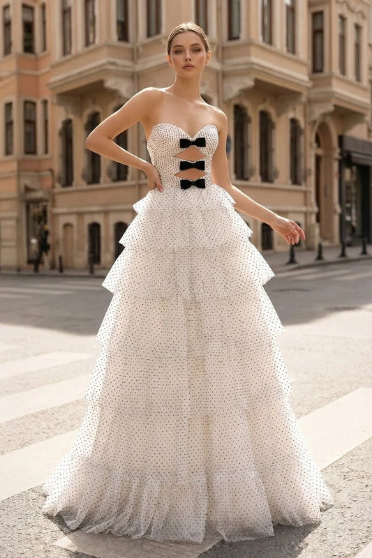 White Polka Dot Tiered Tulle Ball Gown Strapless Sweetheart Black Bows Lace Up Back Formal Dress