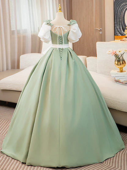 A-line Prom Dress Puff Sleeves Satin Color Blocking Long Lace up Fresh lovely Dress