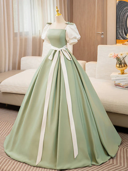 A-line Prom Dress Puff Sleeves Satin Color Blocking Long Lace up Fresh lovely Dress