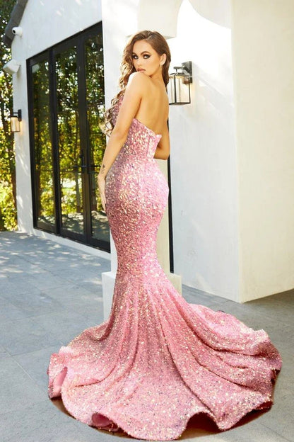 Pink Sequin Mermaid Strapless Sweetheart Low Back Train Prom Dress