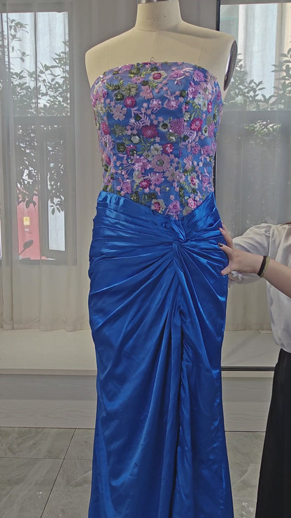 Royal Blue Satin Sheath/column Straight Neck Back Zip Floor-Length Dress