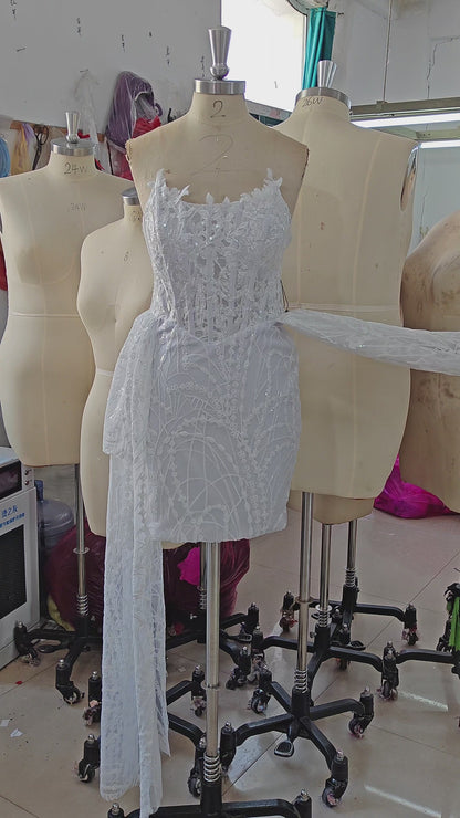 White Lace Bodycon Sweetheart Lace-Up Back High-Low Dress