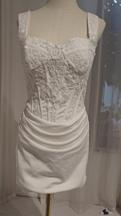 Ivory Lace and Satin Bodycon Sweetheart Lace-Up Back Mini Dress