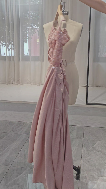 Dusty Rose Glitter Fabric with Beaded Lace Sheath Sweetheart Floor-Length Dress
