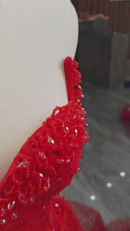 Red Sequin Mesh Mermaid Sweetheart Zipper Back Floor Length Dress