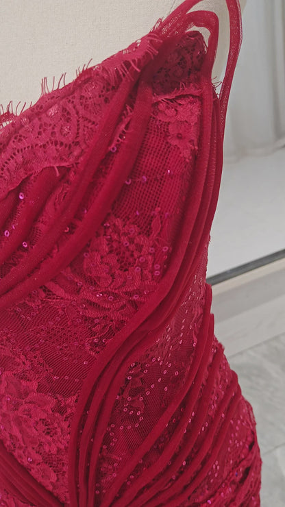 Red Lace Mermaid Sweetheart Lace-Up Back Floor-Length Dress