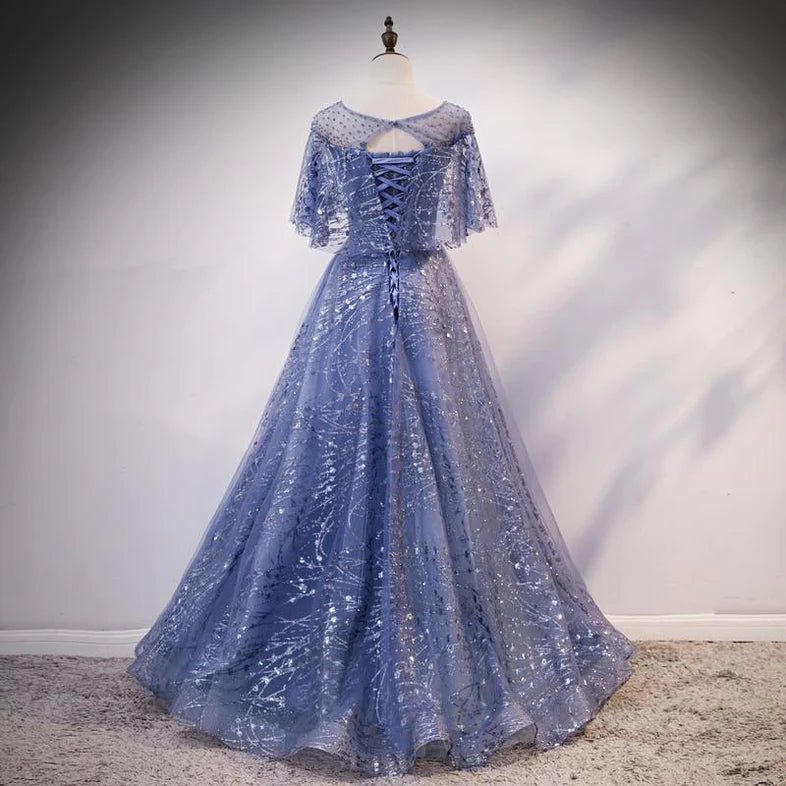 Glam Blue Off Shoulder Lace-up Long Evening Dresss Party Dress, Blue Wedding Party Dress Prom Dresses