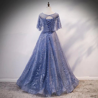 Glam Blue Off Shoulder Lace-up Long Evening Dresss Party Dress, Blue Wedding Party Dress Prom Dresses