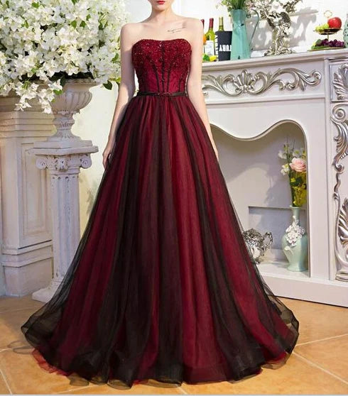 Burgundy Strapless Beaded Black Overlay Tulle Ball Gown