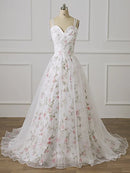 White Floral Print Spaghetti Strap Sweetheart Tulle Wedding Dress Corset Back