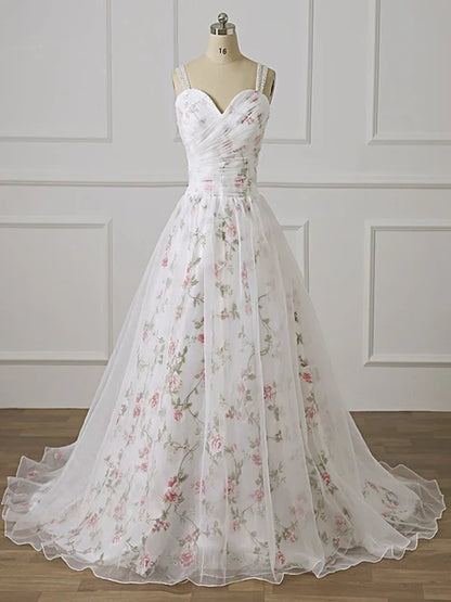 White Floral Print Spaghetti Strap Sweetheart Tulle Wedding Dress Corset Back