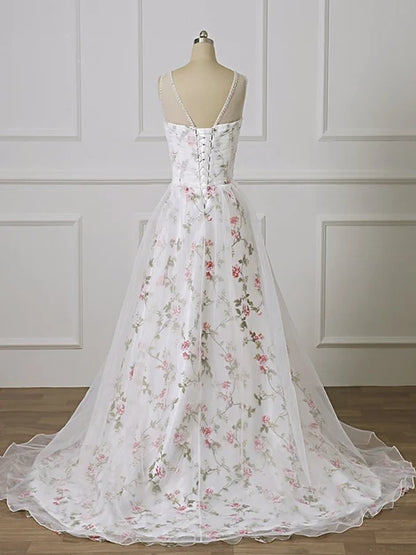 White Floral Print Spaghetti Strap Sweetheart Tulle Wedding Dress Corset Back