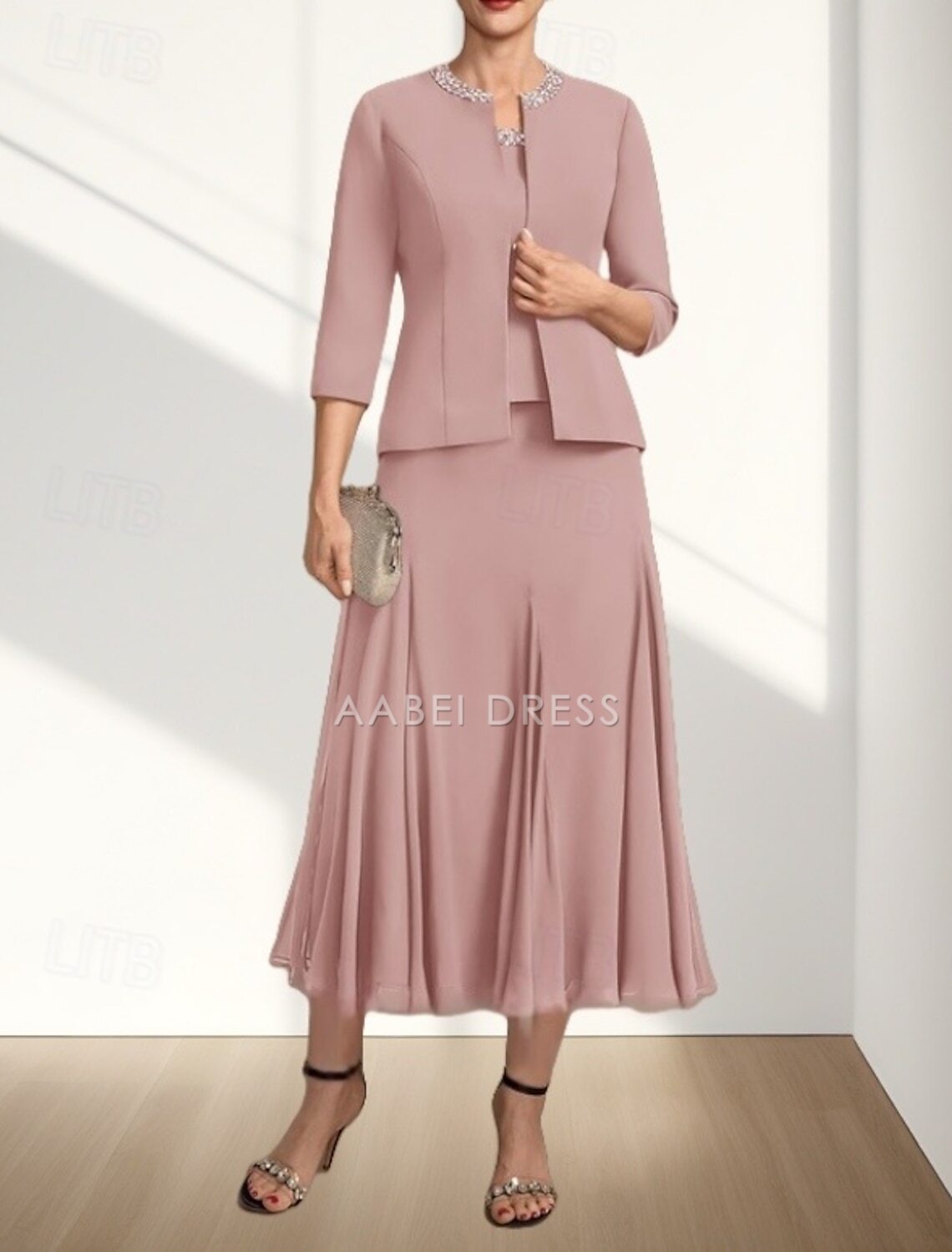 AABEI DRESS Wedding Guest Dress Elegant A-Line Crew Neck Two Piece Tea Length Chiffon 3/4 Length Sleeve with Beading Fashion Mother of the Bride Dress