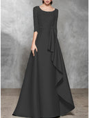 A-Line Evening Gown Black Dress Plus Size Elegant Dress Formal Wedding Floor Length Half Sleeve Scoop Neck Satin with Pleats Mother of the Bride Dresses