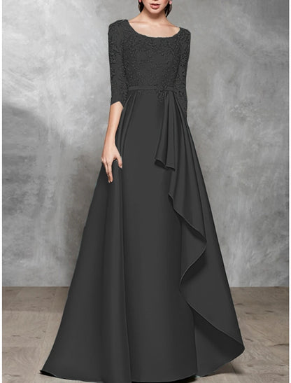 A-Line Evening Gown Black Dress Plus Size Elegant Dress Formal Wedding Floor Length Half Sleeve Scoop Neck Satin with Pleats Mother of the Bride Dresses