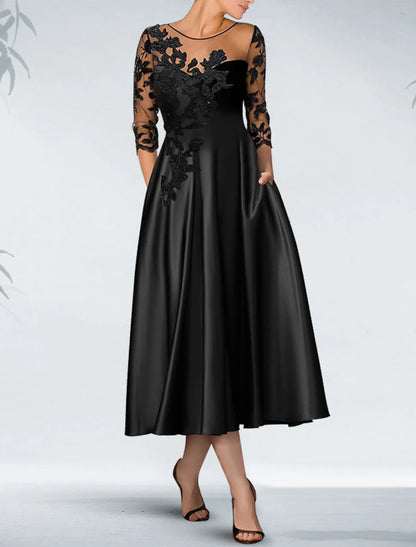 A-Line Cocktail Black Dress Appliques Elegant Dress Fall Wedding Guest Dress For Mother Knee Length 3/4 Length Sleeve Off Shoulder Pocket Satin with Beading Pocket Mother of the Bride Dresses