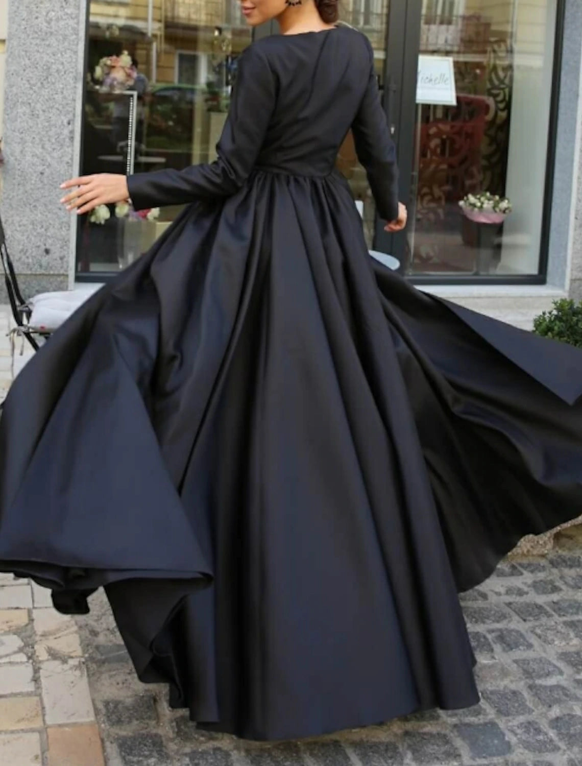 Ball Gown Evening Gown Black Dress Plus Size Vintage Halloween Wedding Party Sweep / Brush Train Long Sleeve Illusion Neck Wednesday Addams Family Satin with Slit Overskirt