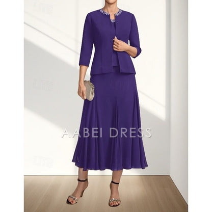 AABEI DRESS Wedding Guest Dress Elegant A-Line Crew Neck Two Piece Tea Length Chiffon 3/4 Length Sleeve with Beading Fashion Mother of the Bride Dress