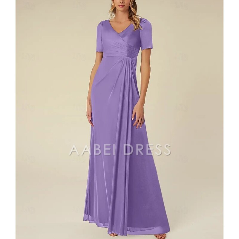 AABEI DRESS Wedding Guest Dress Elegant A-Line V Neck Short Sleeve Floor Length Pleated Simple Mother of the Bride Dress