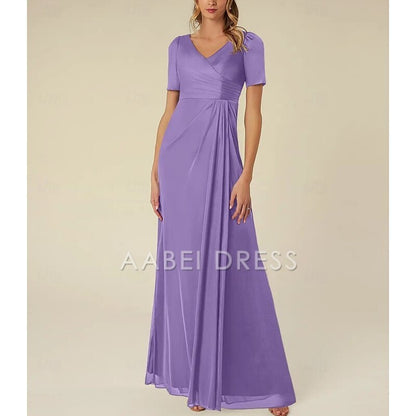 AABEI DRESS Wedding Guest Dress Elegant A-Line V Neck Short Sleeve Floor Length Pleated Simple Mother of the Bride Dress