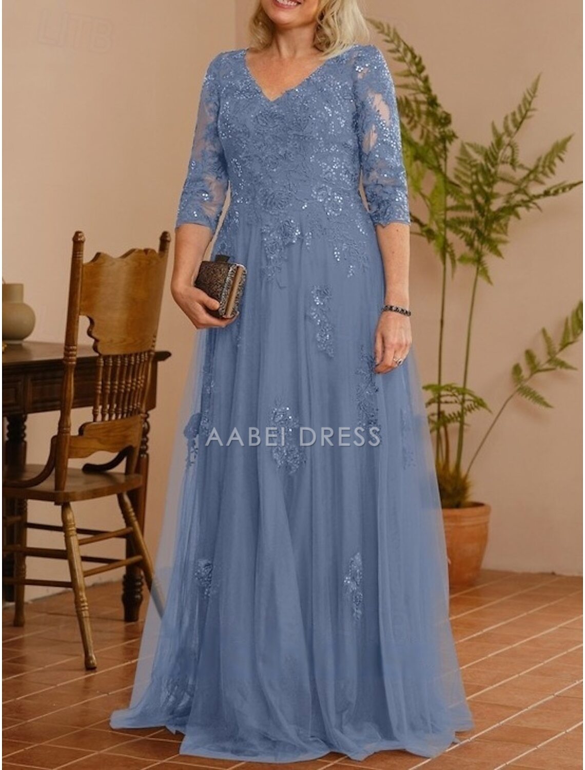 AABEI DRESS Wedding Guest Dress Elegant A-Line V Neck 3/4 Length Sleeve Floor Length Lace Applique Tulle Sparkle Mother of the Bride Dress