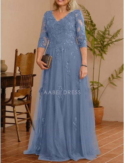 AABEI DRESS Wedding Guest Dress Elegant A-Line V Neck 3/4 Length Sleeve Floor Length Lace Applique Tulle Sparkle Mother of the Bride Dress