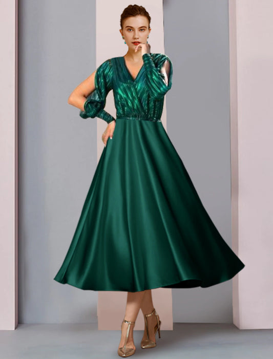 A-Line Mother of the Bride Dress Formal Wedding Guest Party Sparkle &amp; Shine V Neck Tea Length Satin Half Sleeve with Pleats