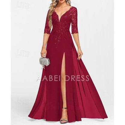 AABEI DRESS Wedding Guest Dress Exquisite A-Line V Neck Half Sleeve with Appliques Split Front Floor Length Mother of the Bride Dress
