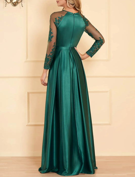A-Line Evening Gown Empire Dress Christmas Wedding Guest Floor Length Long Sleeve Jewel Neck Satin with Appliques Split Front Mother of the Bride Dresses