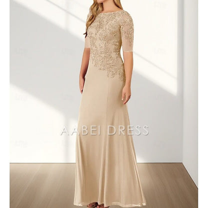 AABEI DRESS Wedding Guest Dress Mermaid  Elegant Crew Neck Floor Length Chiffon Half Sleeve with Appliques Mother of the Bride Dress
