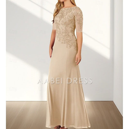 AABEI DRESS Wedding Guest Dress Mermaid  Elegant Crew Neck Floor Length Chiffon Half Sleeve with Appliques Mother of the Bride Dress