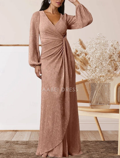 AABEI DRESS Wedding Guest Dress Elegant A-Line V Neck Sweet Floor Length Chiffon Long Sleeve with Ruffles Mother of the Bride Dress