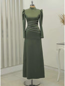 A-Line Evening Gown Christmas Elegant Dress Formal Ankle Length Long Sleeve High Neck Satin with Glitter Ruched