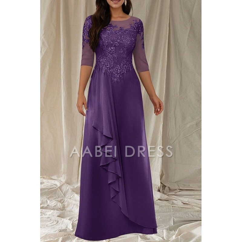 AABEI DRESS Wedding Guest Dress Elegant A-Line Crew Neck 3/4 Length Sleeve Floor Length Lace Appliques Ruffles Fashion Mother of the Bride Dress