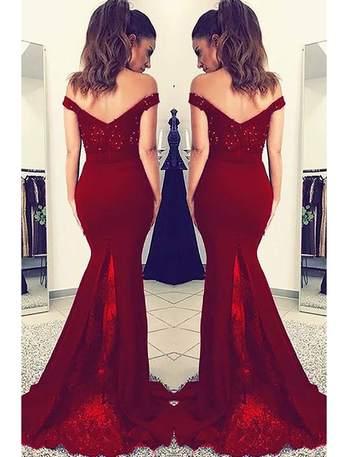 Mermaid / Trumpet Prom Dresses Sexy Dress Formal Prom Court Train Sleeveless Off Shoulder Stretch Fabric V Back with Beading Appliques