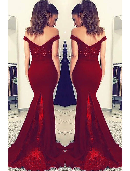 Mermaid / Trumpet Prom Dresses Sexy Dress Formal Prom Court Train Sleeveless Off Shoulder Stretch Fabric V Back with Beading Appliques