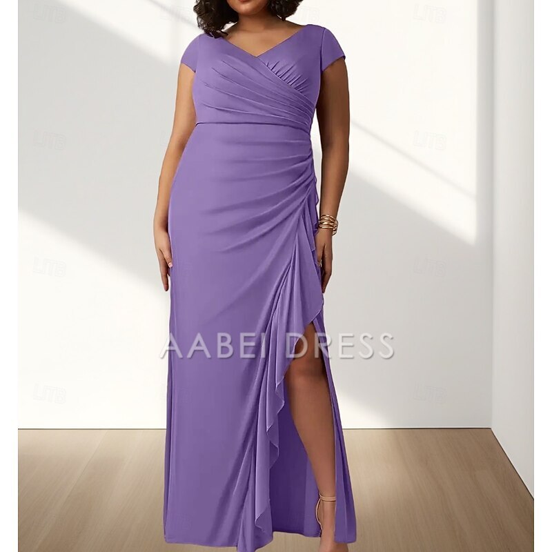 AABEI DRESS Wedding Guest Dress Elegant Mermaid V Neck Short Sleeve Pleats Split Curve Front Ruching Floor Length Plus Size Mother of the Bride Dress