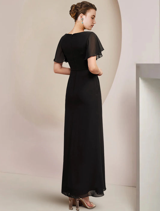 Sheath / Column Mother of the Bride Dress Wedding Guest Elegant Scoop Neck Ankle Length Chiffon Short Sleeve with Crystal Brooch Side