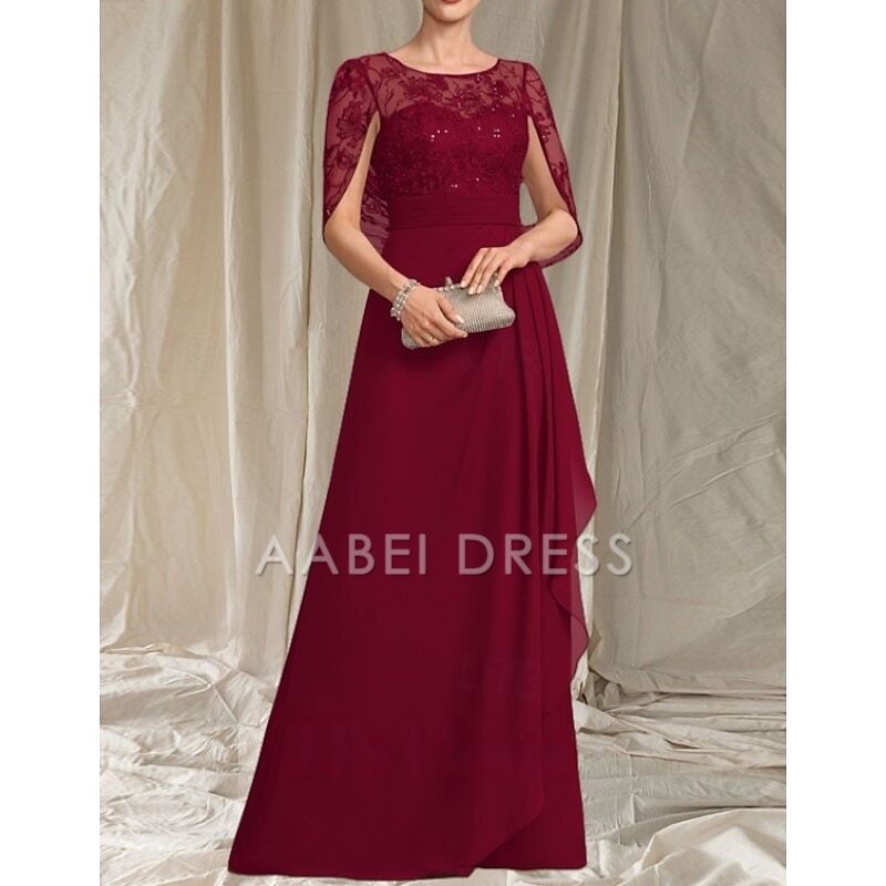 AABEI DRESS Wedding Guest Dress Elegant A-Line Crew Neck Lace Short Sleeve Ruching Floor Length Fashion Mother of the Bride Dress