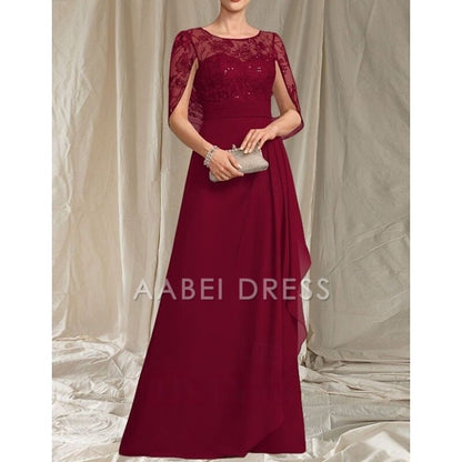 AABEI DRESS Wedding Guest Dress Elegant A-Line Crew Neck Lace Short Sleeve Ruching Floor Length Fashion Mother of the Bride Dress